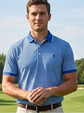 Polo Ralph Lauren Men's Classic Fit Striped Stretch Polo Shirt-Blue-Size L